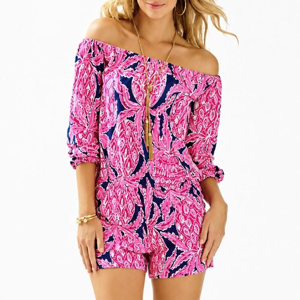 Lilly Pulitzer Lana Off Shoulder Romper Coco Safari Pineapples Size Small